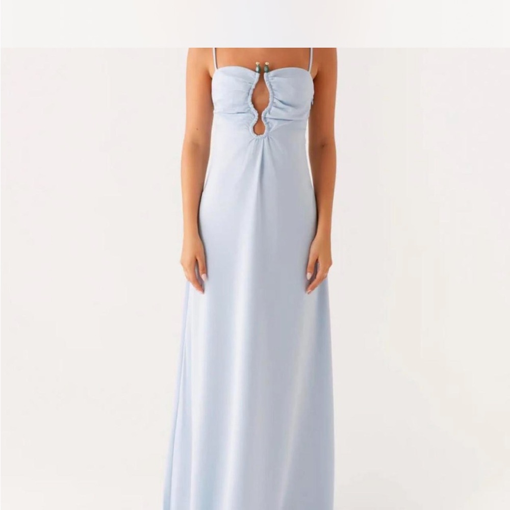 Peppermayo Light Blue Spaghetti Strap Maxi Dress with Front Keyhole